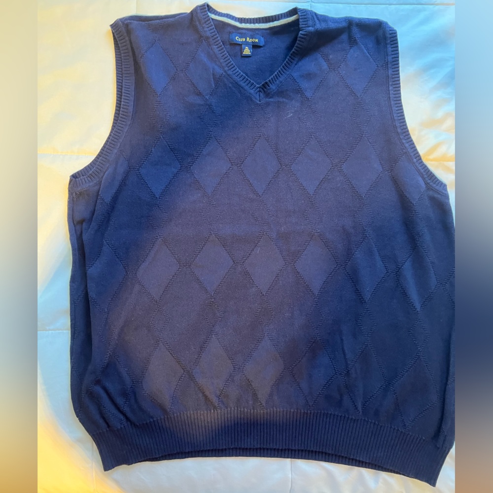 Mens Club Room Cotton Navy Blue Sweater Vest Argyle